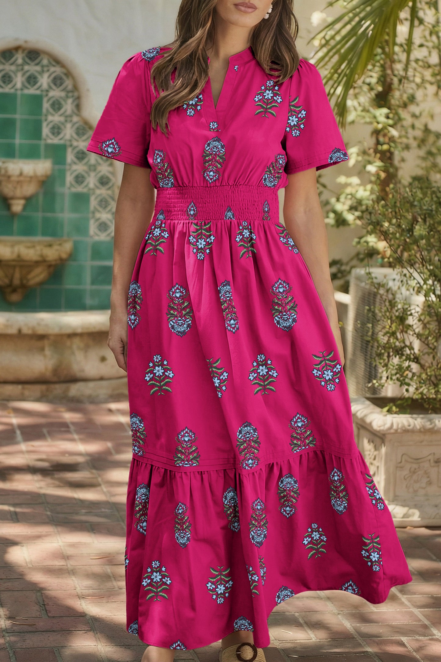 Green Floral Print Split Neck Shirred High Waist Ruffle Hem Maxi Dress