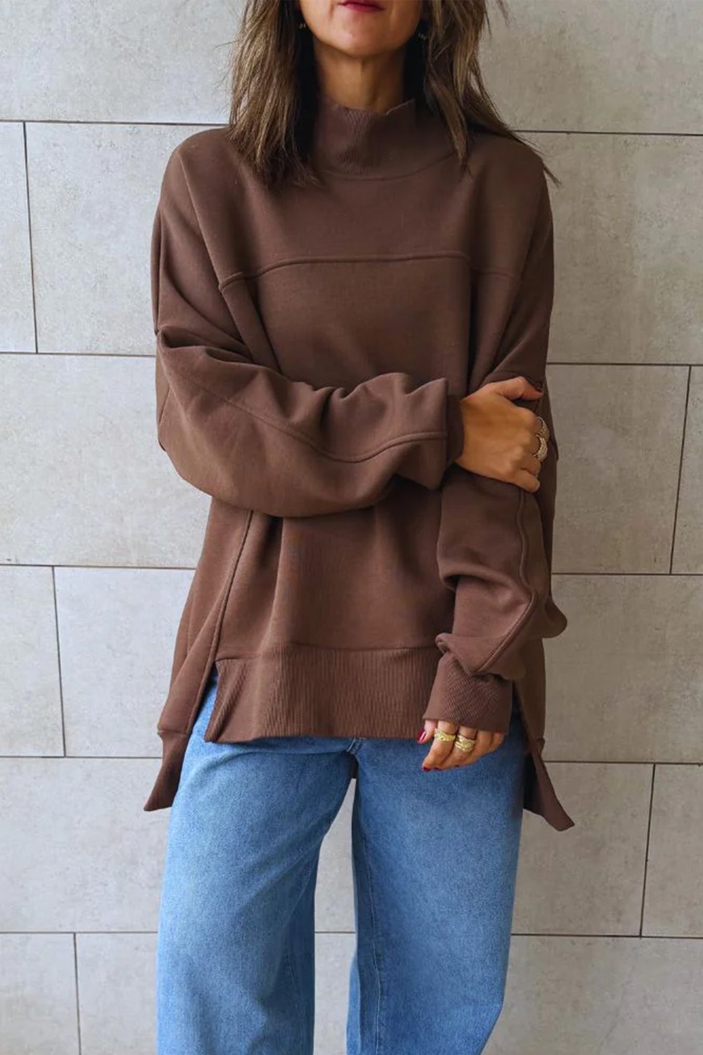 Coffee Solid Color Oversized Mock Neck Split Hem Tunic Sweatshirt