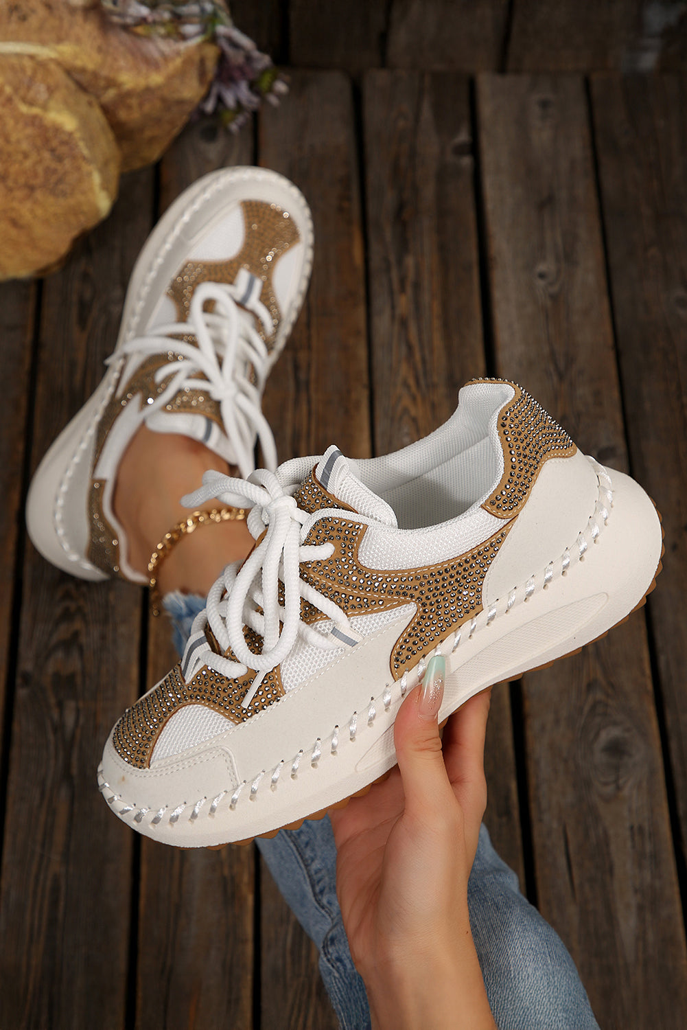 White Rhinestone PU Leather Platform Casual Sneakers