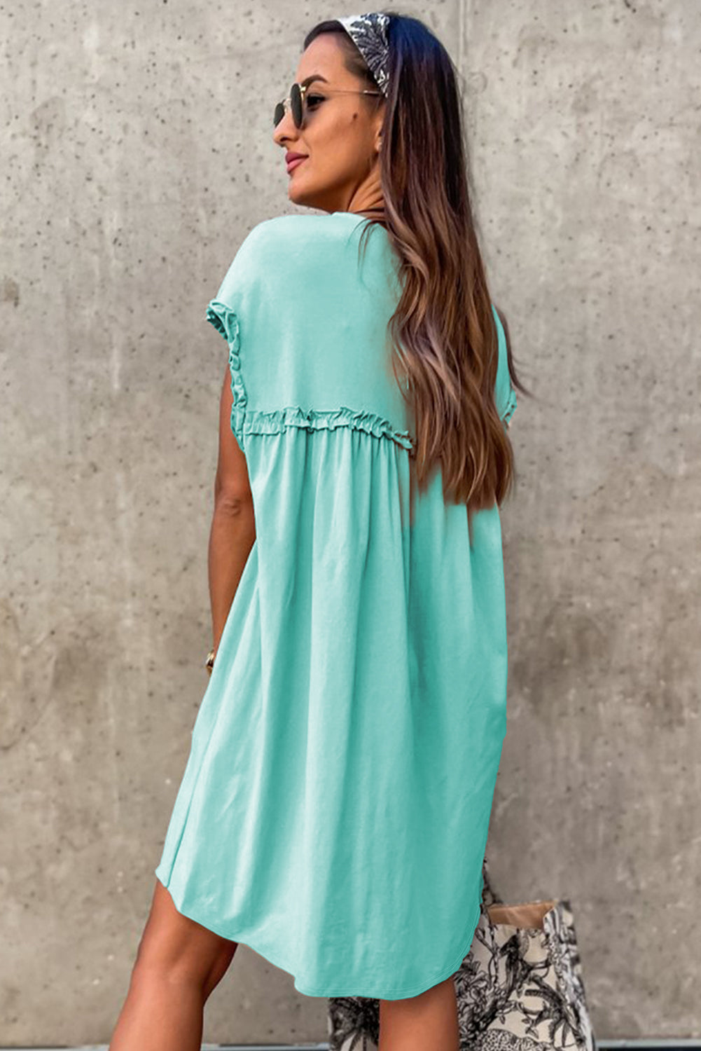 Mint Green Frilled Trim Crew Neck Loose Fit Mini Dress
