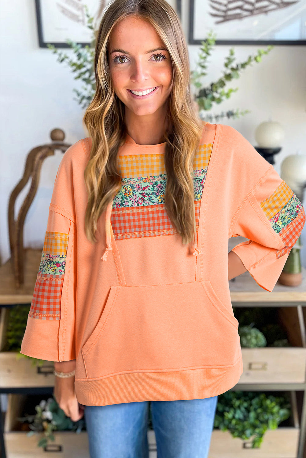 Grapefruit Orange Plaid Floral Patchwork Kangaroo Pocket Hooded Long Sleeve Top