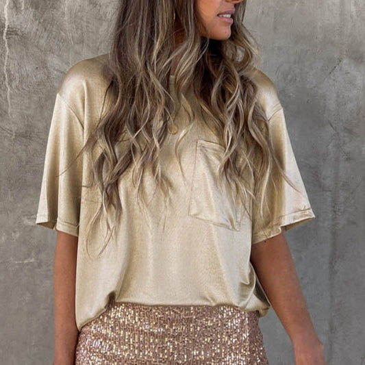Solid Color Chest Pocket Loose Design Short Sleeve