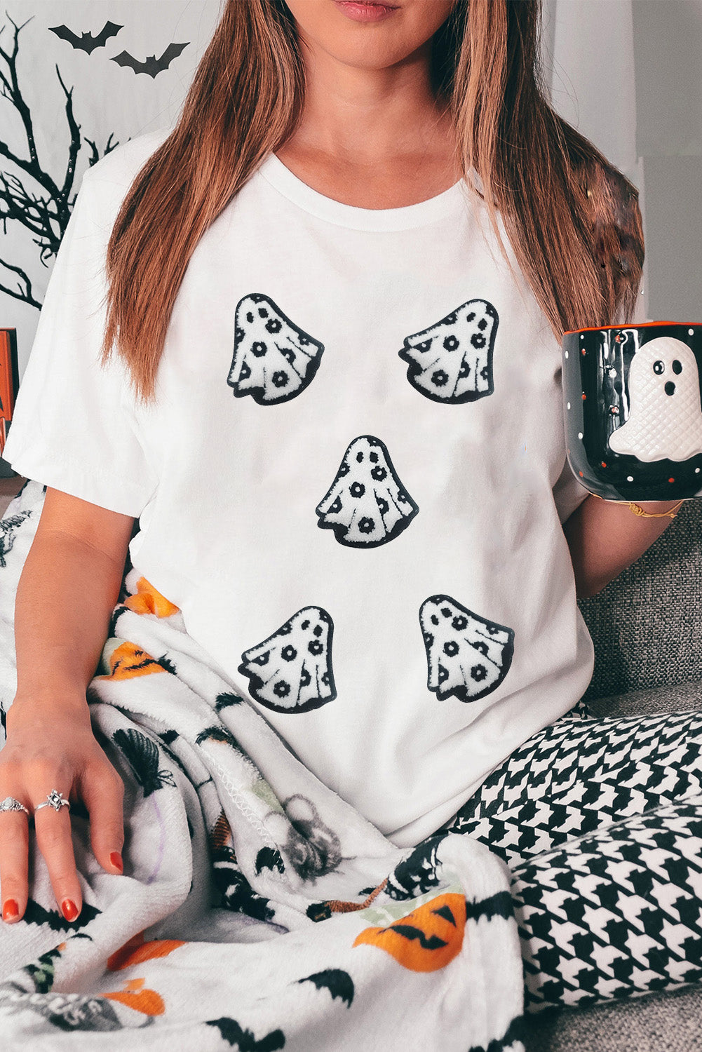 White Halloween Playful Ghost Patched Cotton Blend T Shirt