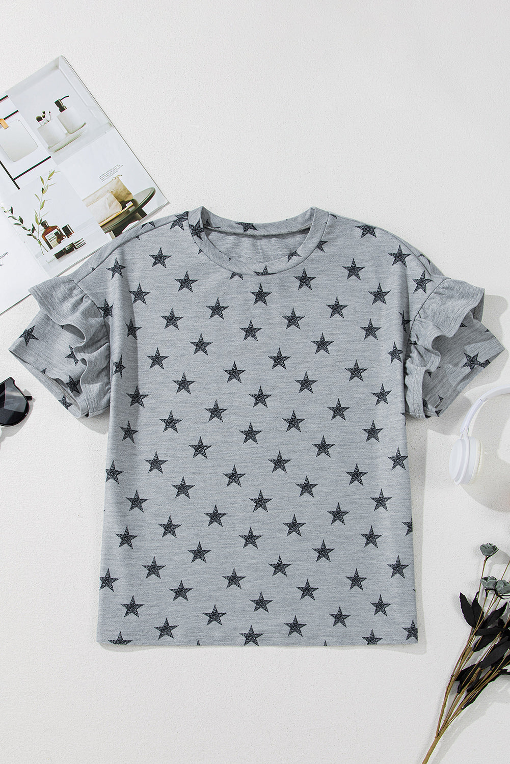 Gray Star Print Tiered Ruffled Sleeve Crew Neck T Shirt