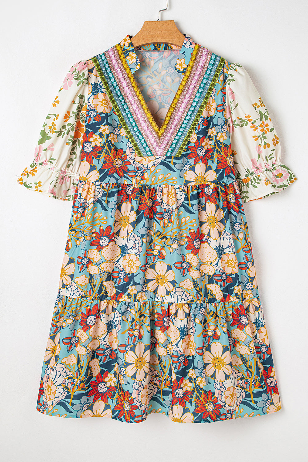 Multicolour Boho Floral Print Crochet Patchwork V Neck Loose Mini Dress