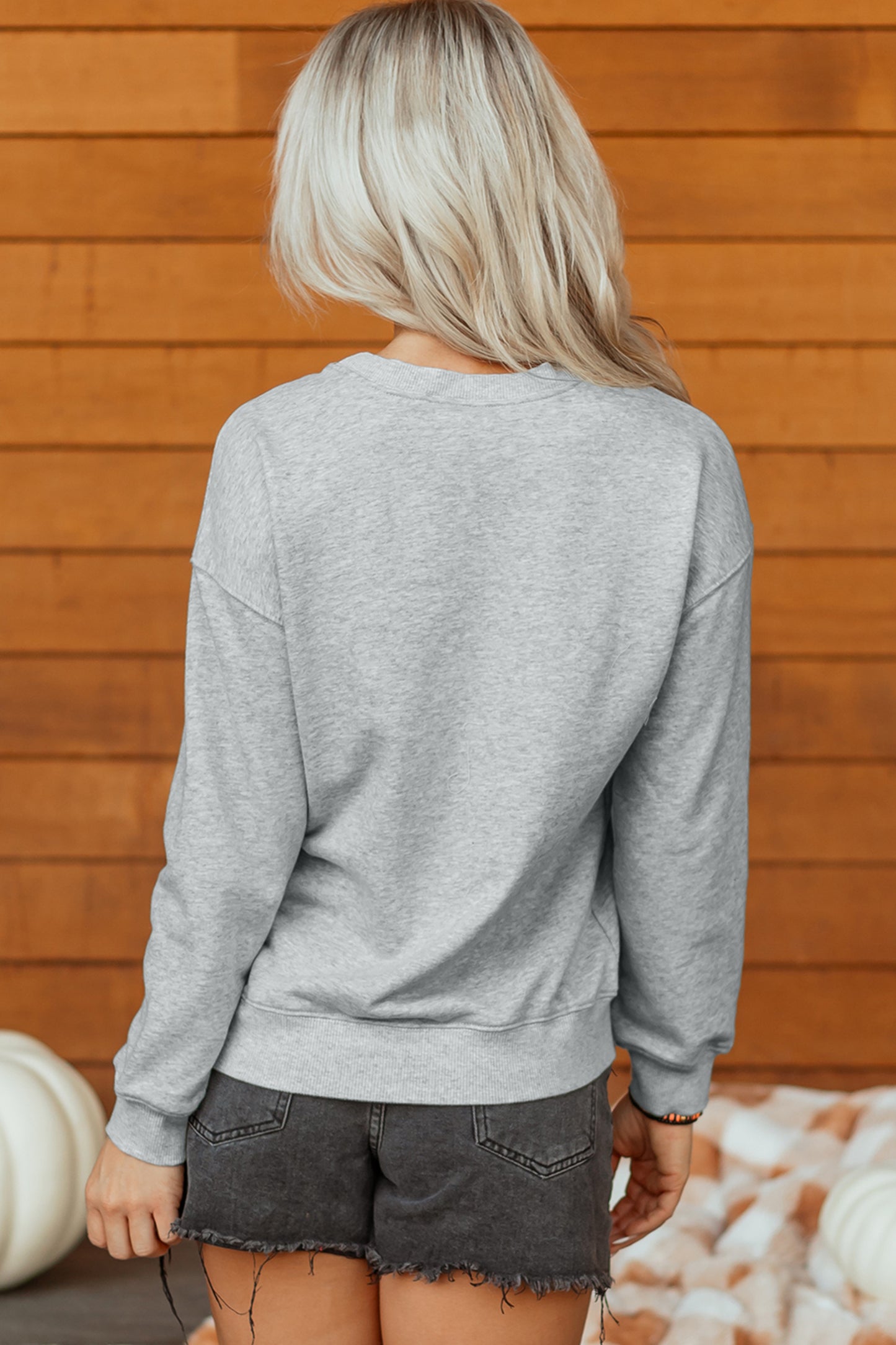Gray HELLO Pumpkin Embroidered Pattern Casual Sweatshirt