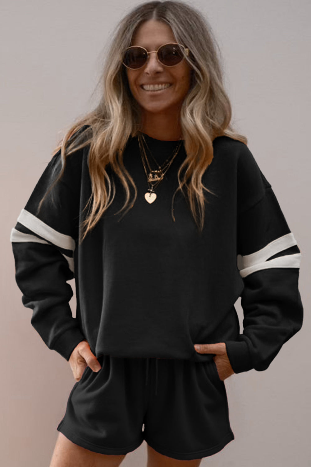 Orange Varsity Striped Sleeve Drop Shoulder Sweatshirt and Shorts Set