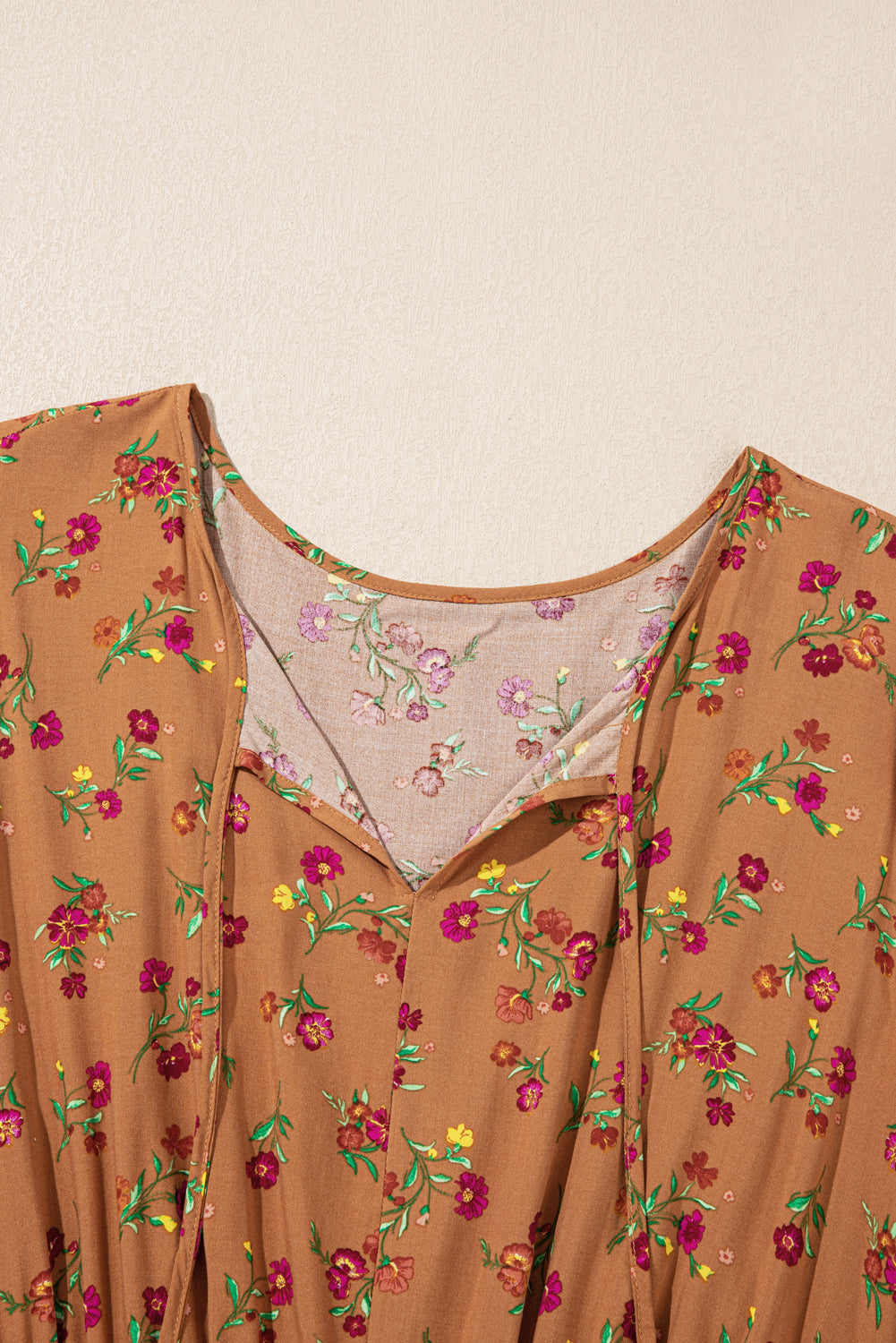 Brown Plus Size Floral Split V Neck Ruffled Sleeve Tiered Maxi Dress