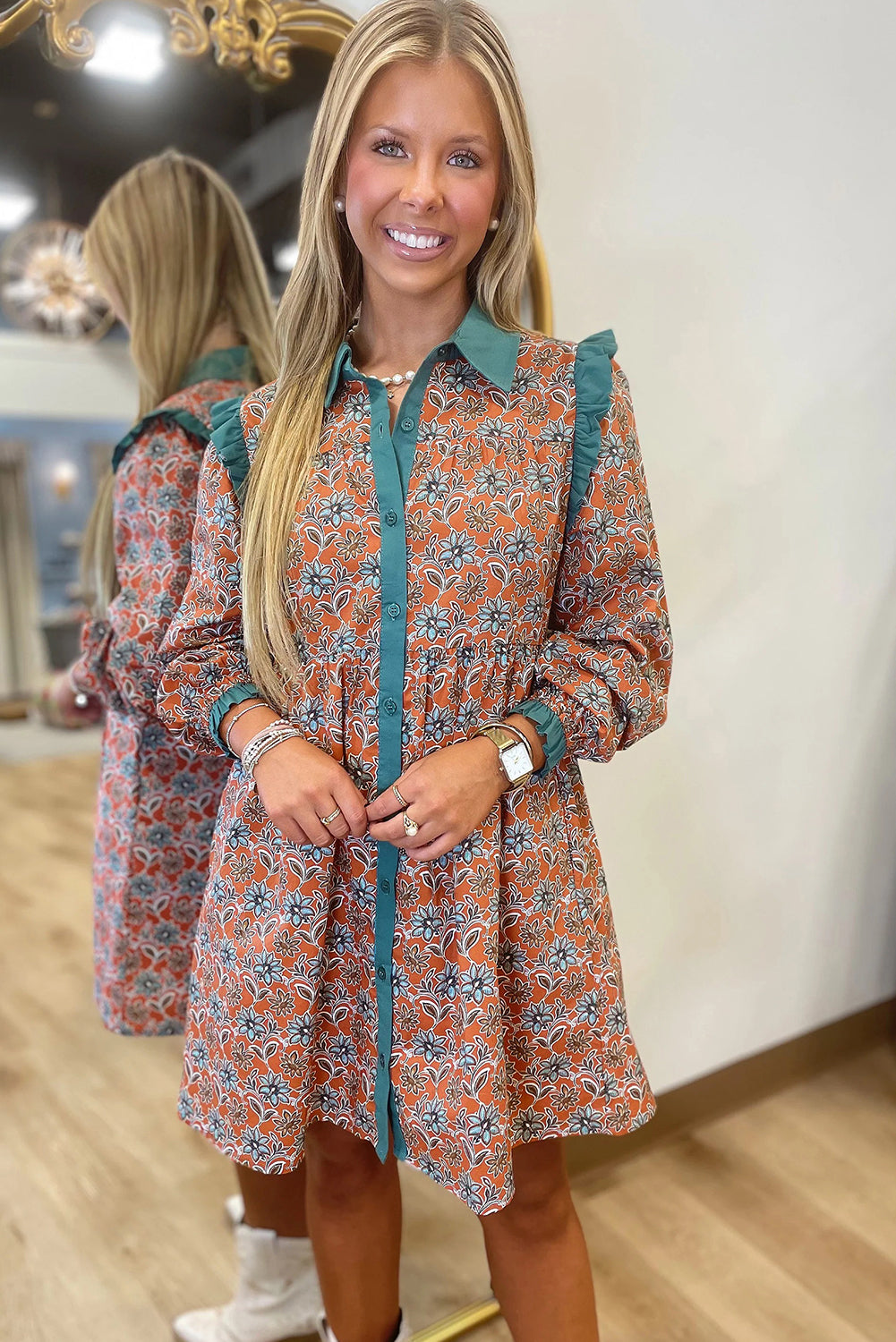Orange Boho Floral Contrast Collared Shirt Mini Dress