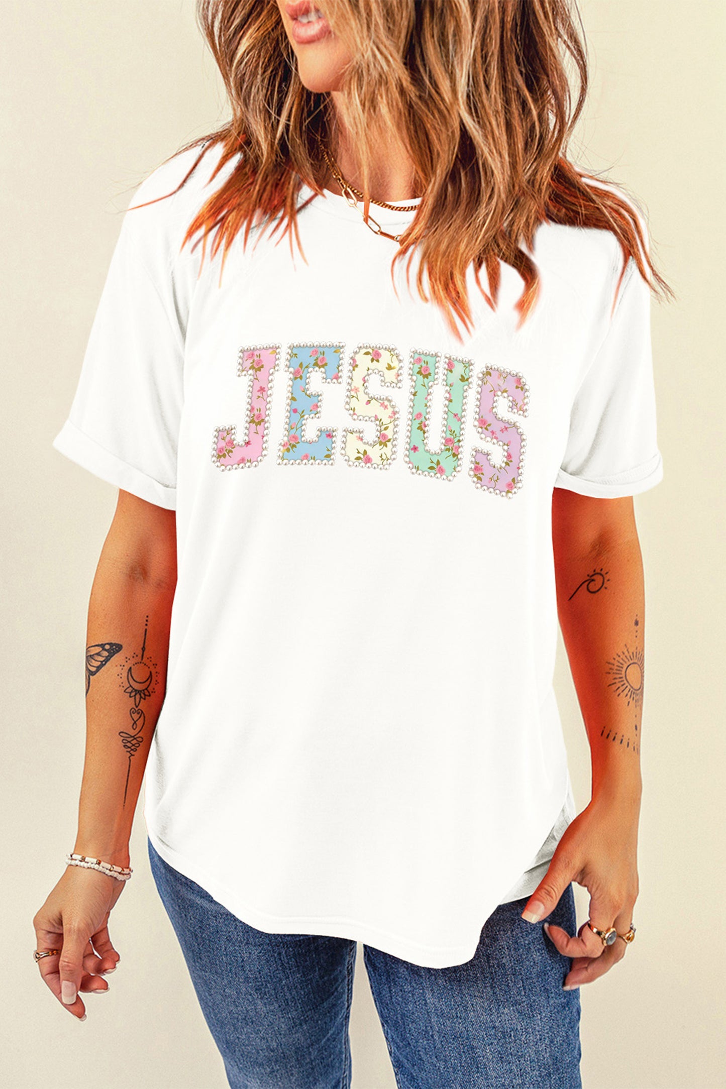 White JESUS Floral Pearl Printed Letter Graphic Tee