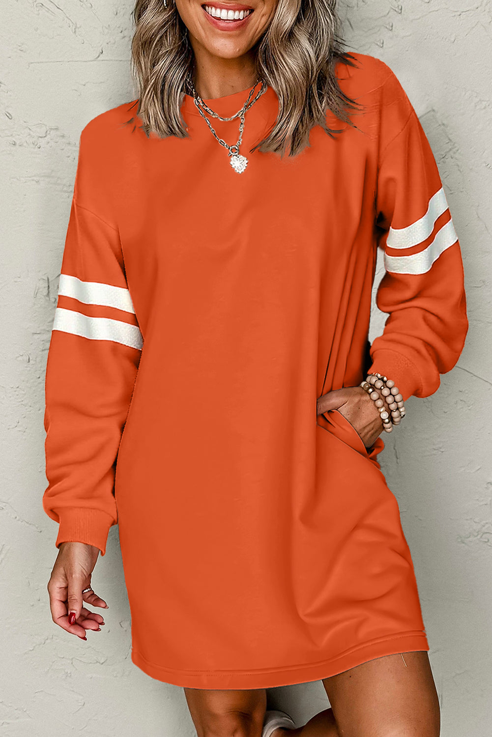 Fiery Red Varsity Contrast Banded Sleeve Shift Sweatshirt Dress