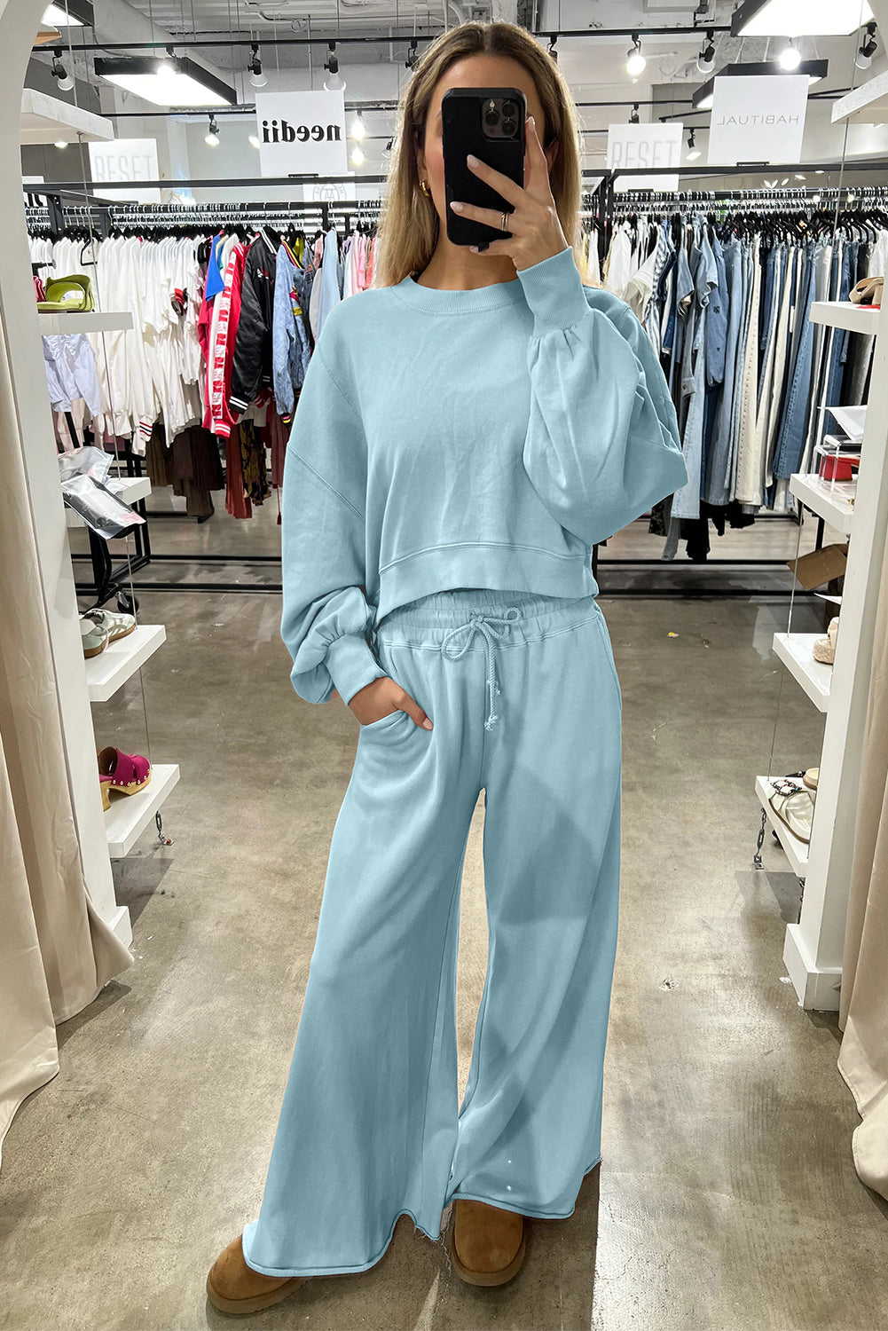 Flamingo Drop Shoulder Crop Pullover Drawstring Wide Leg Pants Set