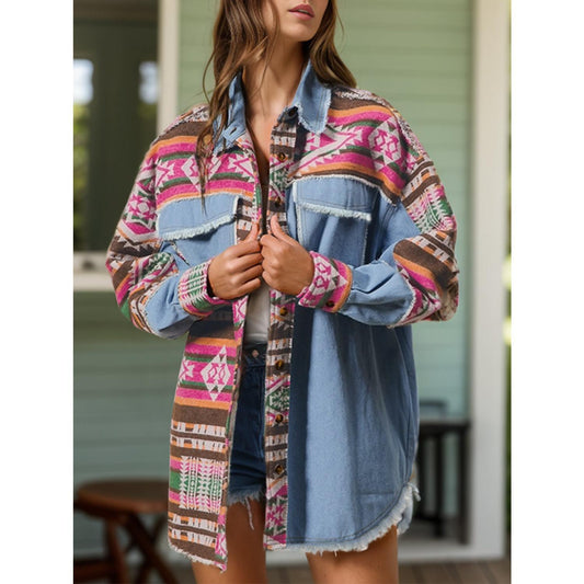 Geometric Collared Neck Long Sleeve Shacket Womenswear Basic