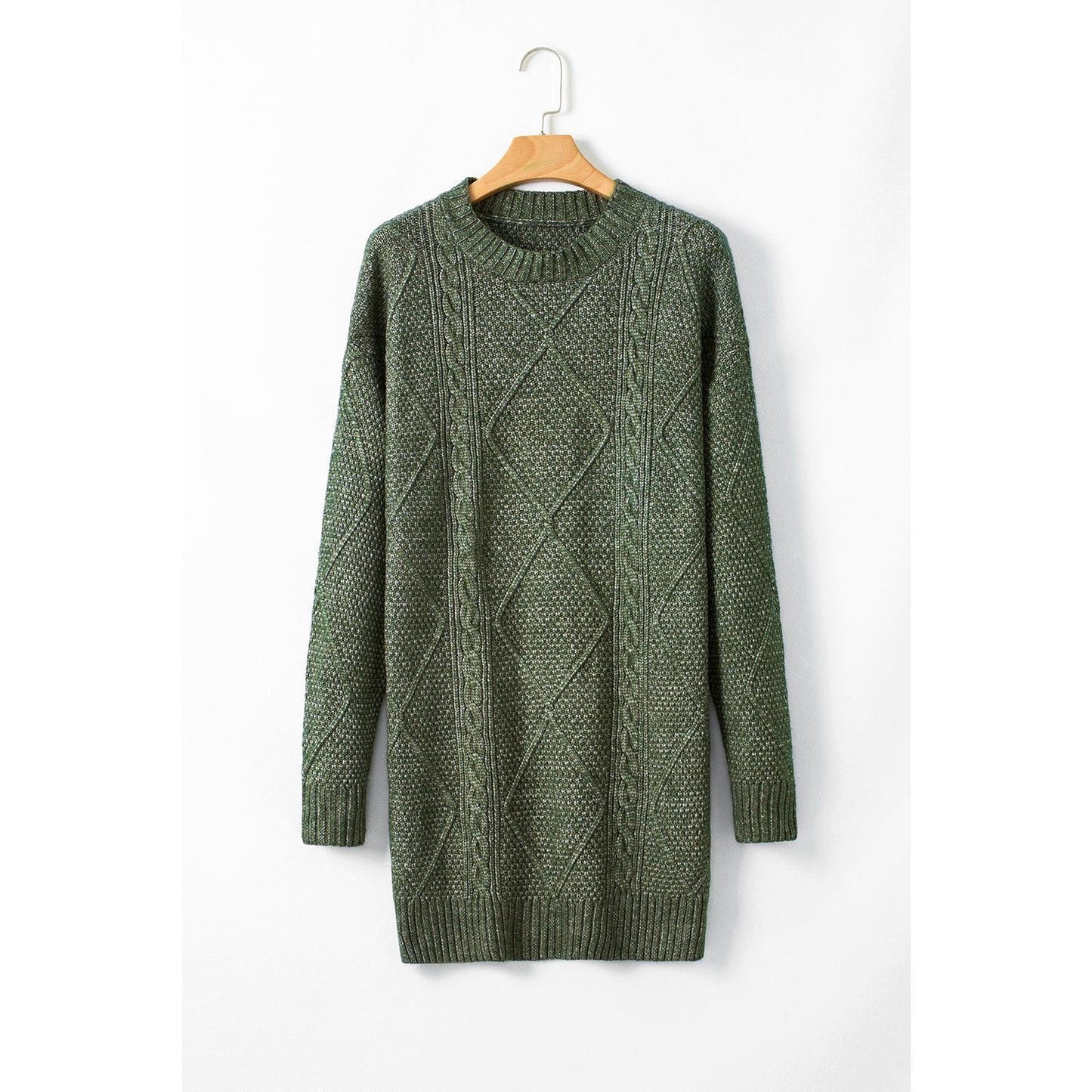 Mist Green Cable Knit Drop Shoulder Loose Fit Sweater Dress Casual Womenswear