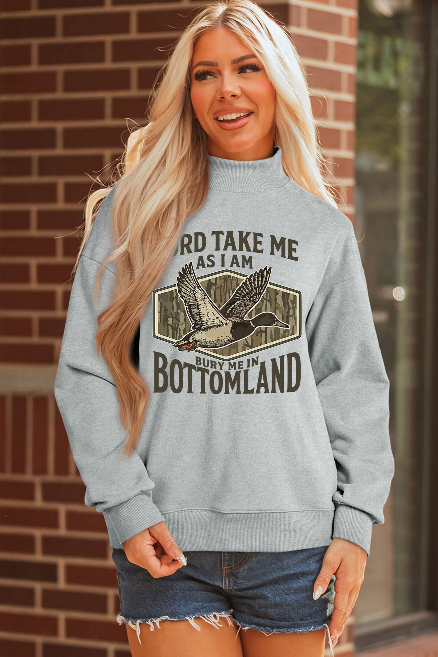 Gray Exposed Seam Mock Neck Western Print Duck Sweatshirt