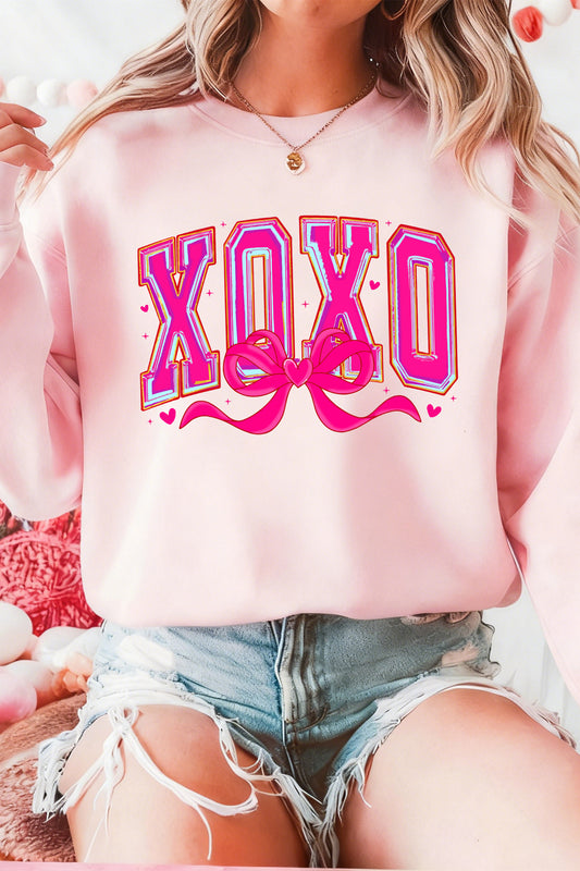 Pink XOXO Valentines Day Heart Ribbon Bow Printed Pullover Sweatshirt