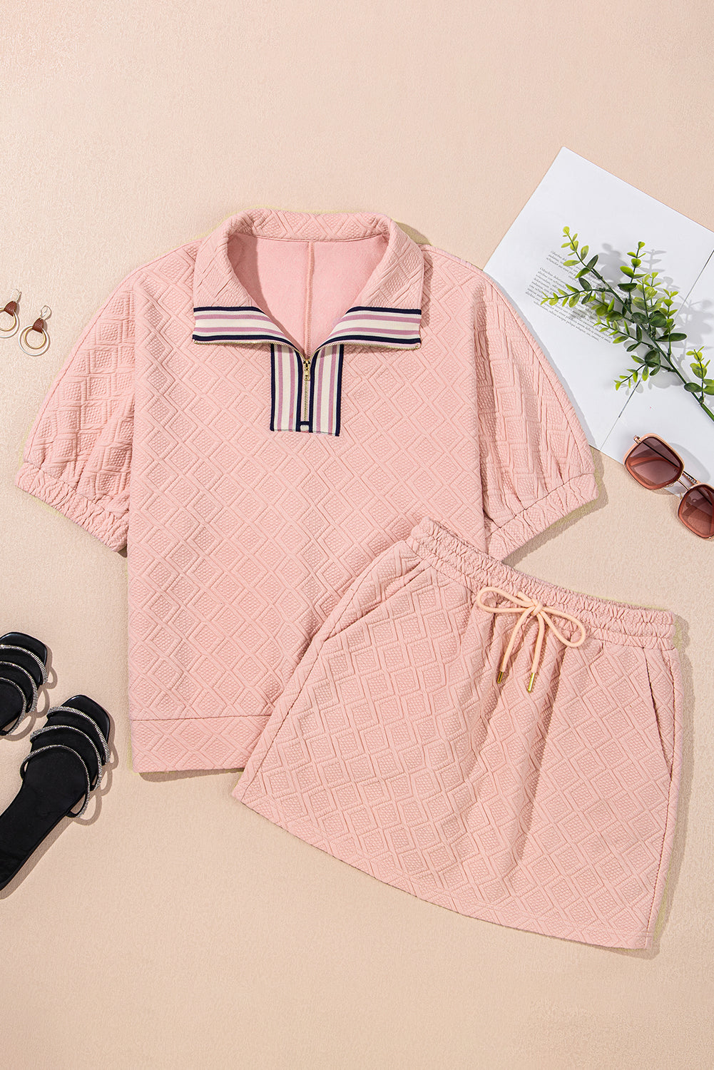 Light Pink Striped Collared Zip up Textured Skirt Set