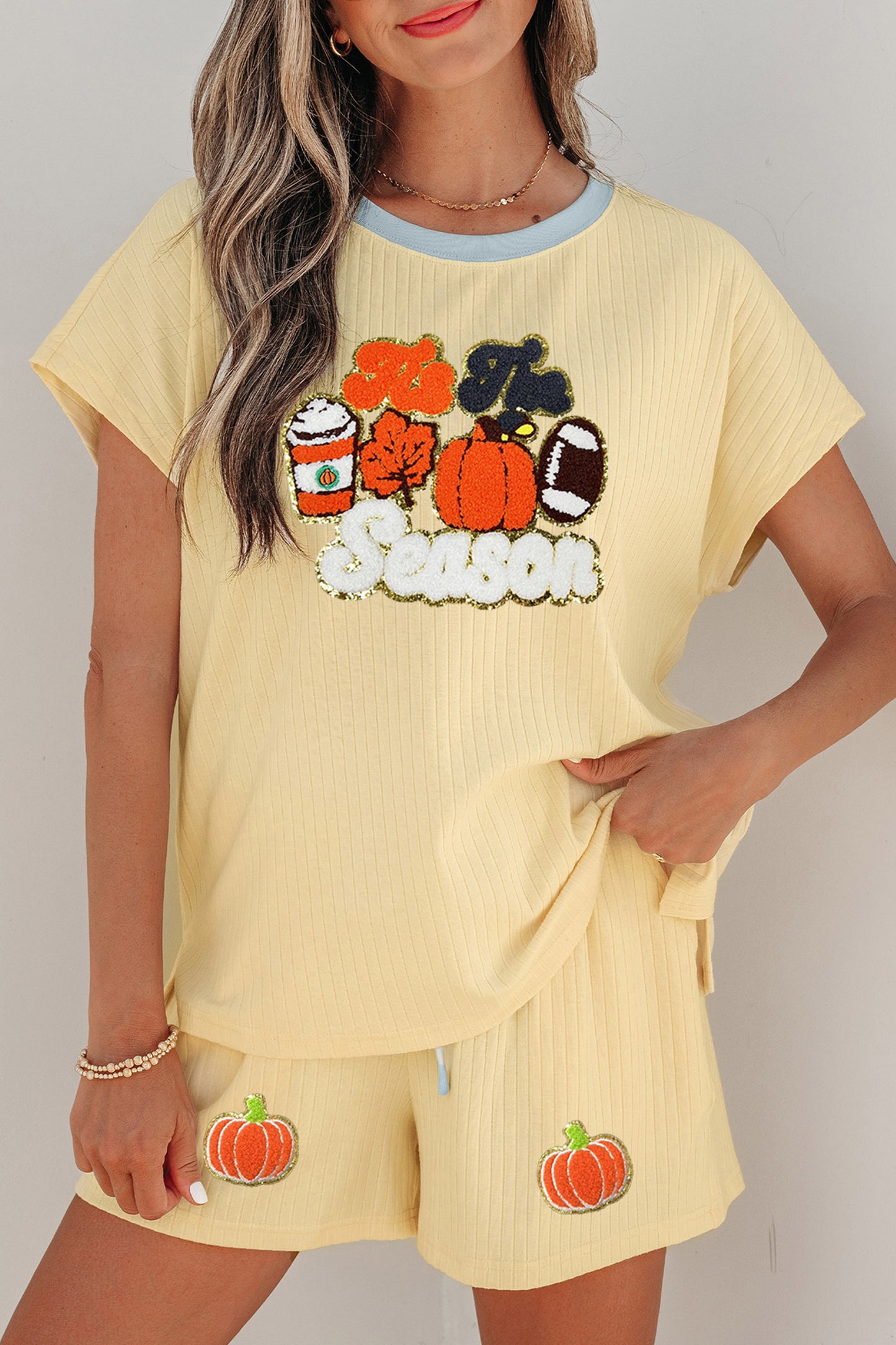 Yellow Cream Ribbed Color Block Trim Chenille Pumpkin Patchwork Graphic Short 3pcs Set