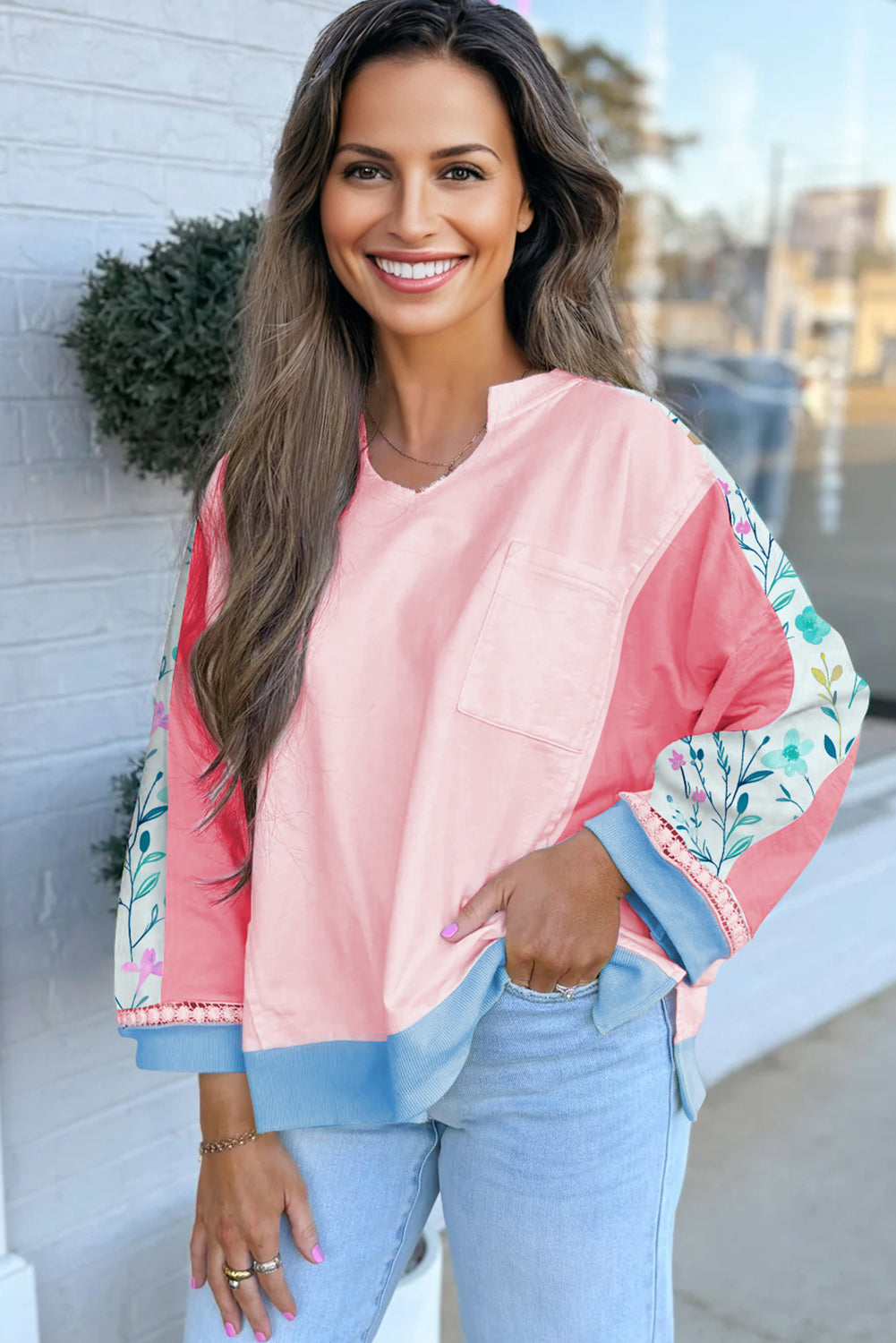 White Floral Colorblock Patchwork Notched Neck Long Sleeve Top