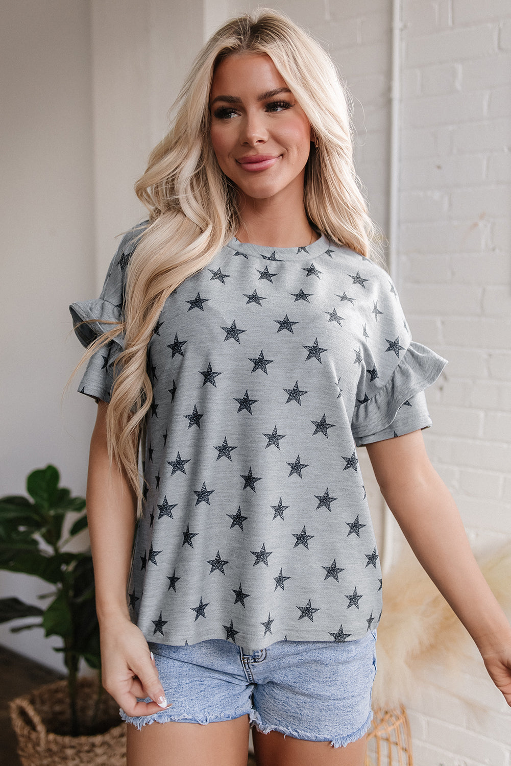 Gray Star Print Tiered Ruffled Sleeve Crew Neck T Shirt