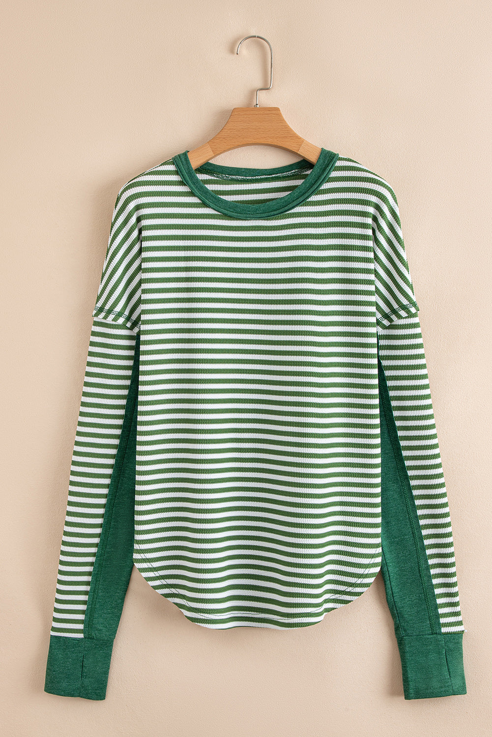 Khaki Stripe Thermal Knit Drop Shoulder Casual Top
