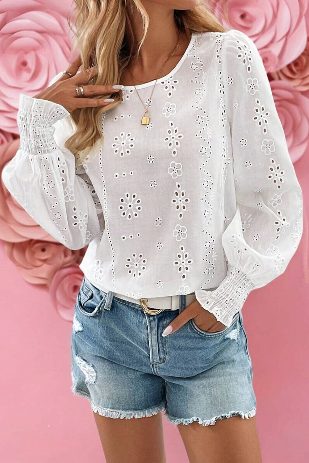 White Eyelet Embroidered Smocked Cuffs Blouse