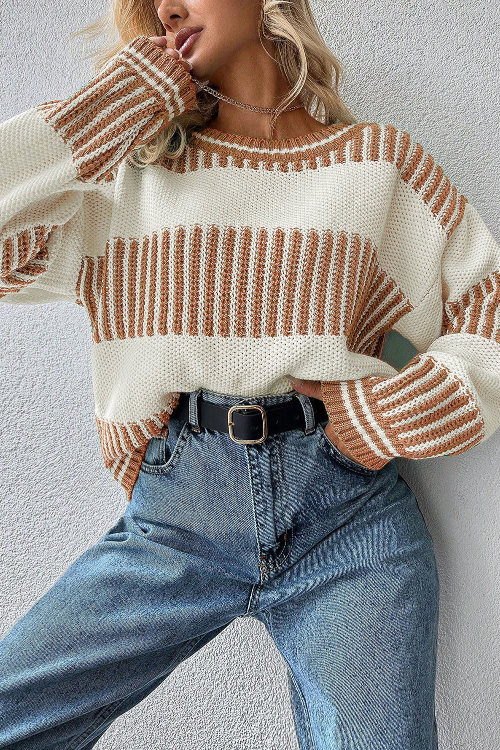 Light Blue Two Tone Striped Patchwork Drop Shoulder Sweater
