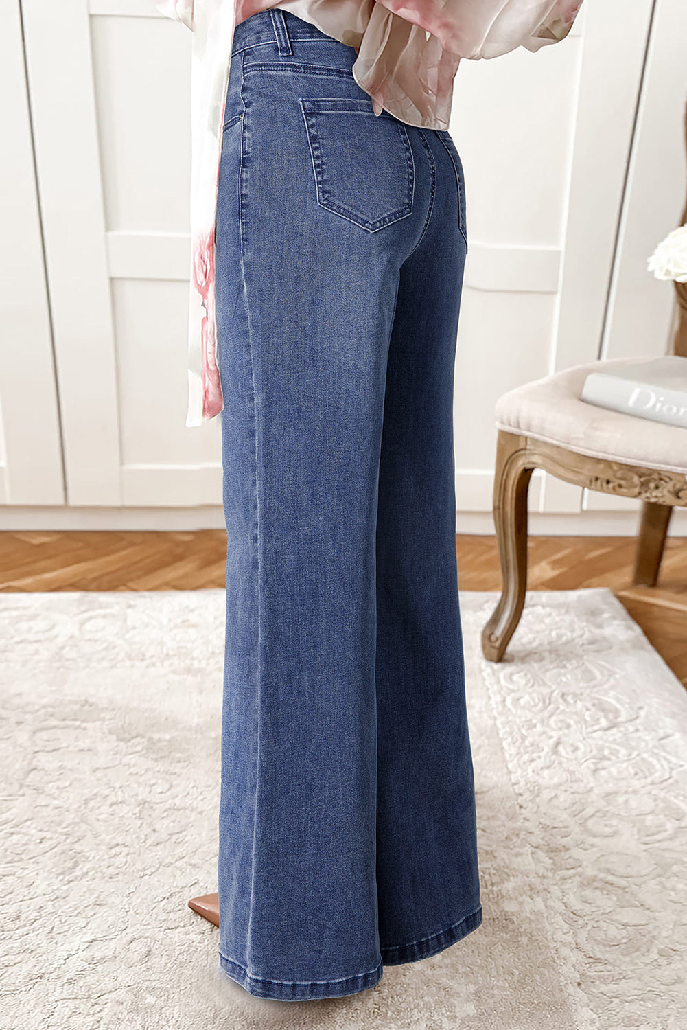 Dirty blue Button Zip High Waist Flared Hem Jeans