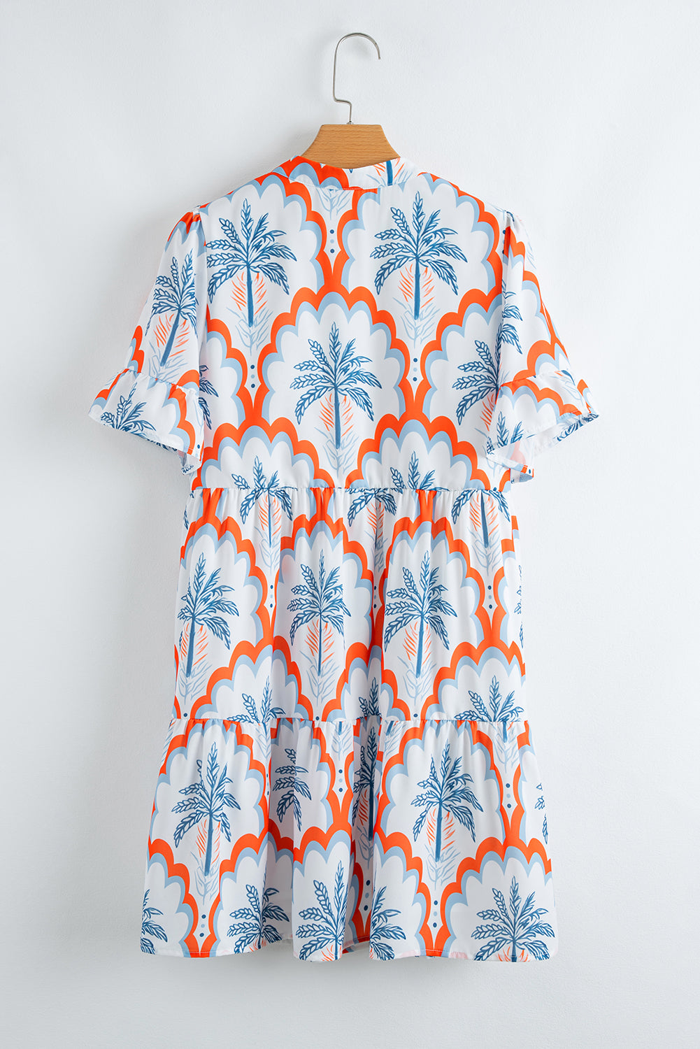 Orange Contrast Palm Tree Printed Short Sleeve Flowy Dress
