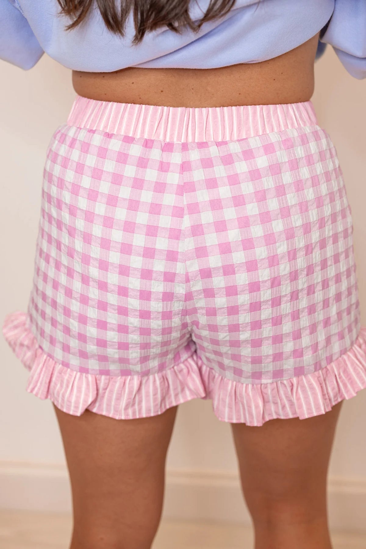 Sky Blue Gingham Print Ruffle Striped Detail Lace Tie Shorts