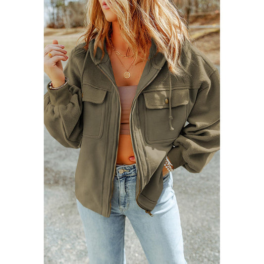 Green Flap Pockets Bishop Sleeve Zip Up Hoodie Jacket