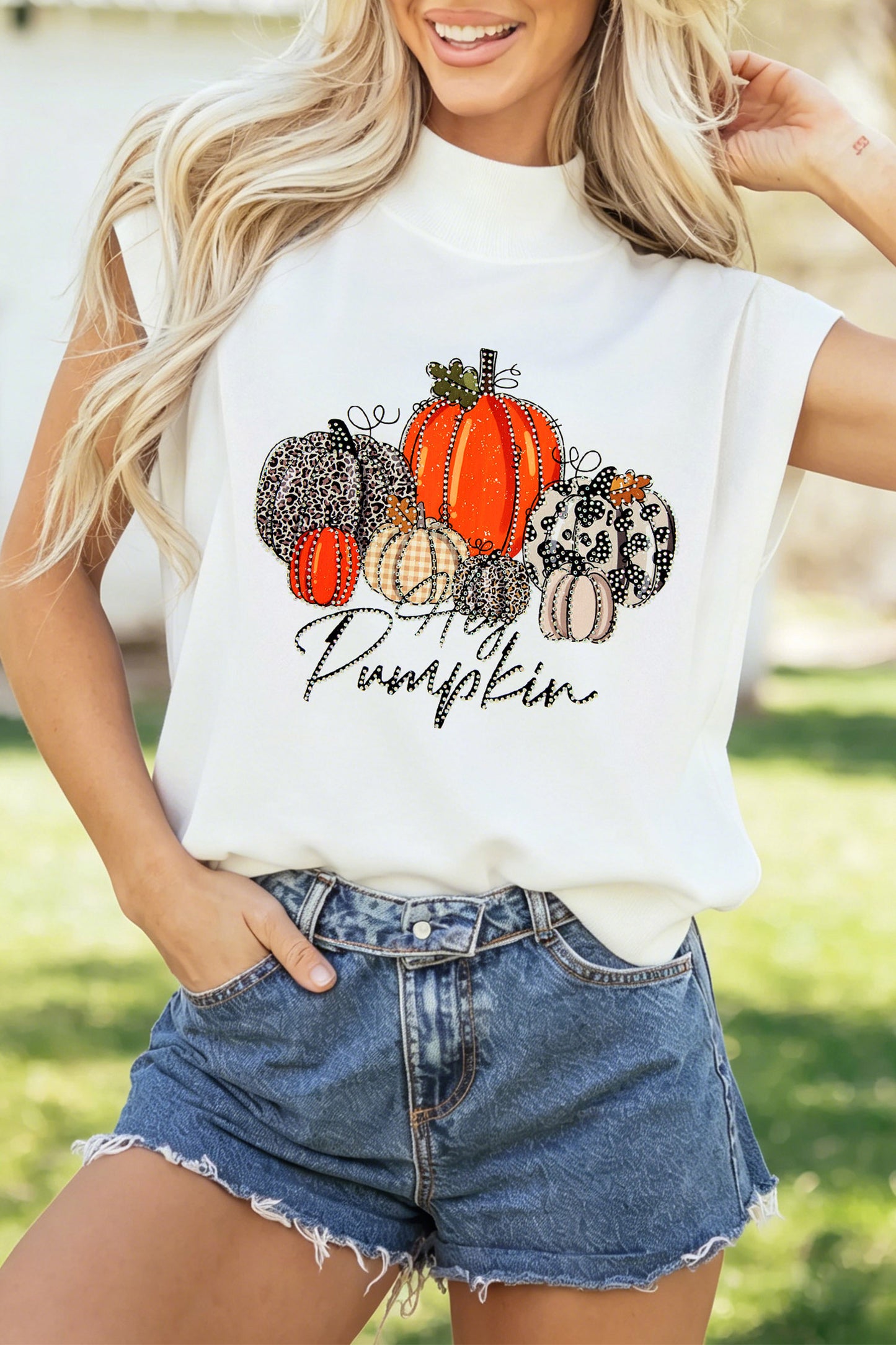 White Rhinestone Embellished Pumpkin Graphic High Neck Cap Sleeve Top