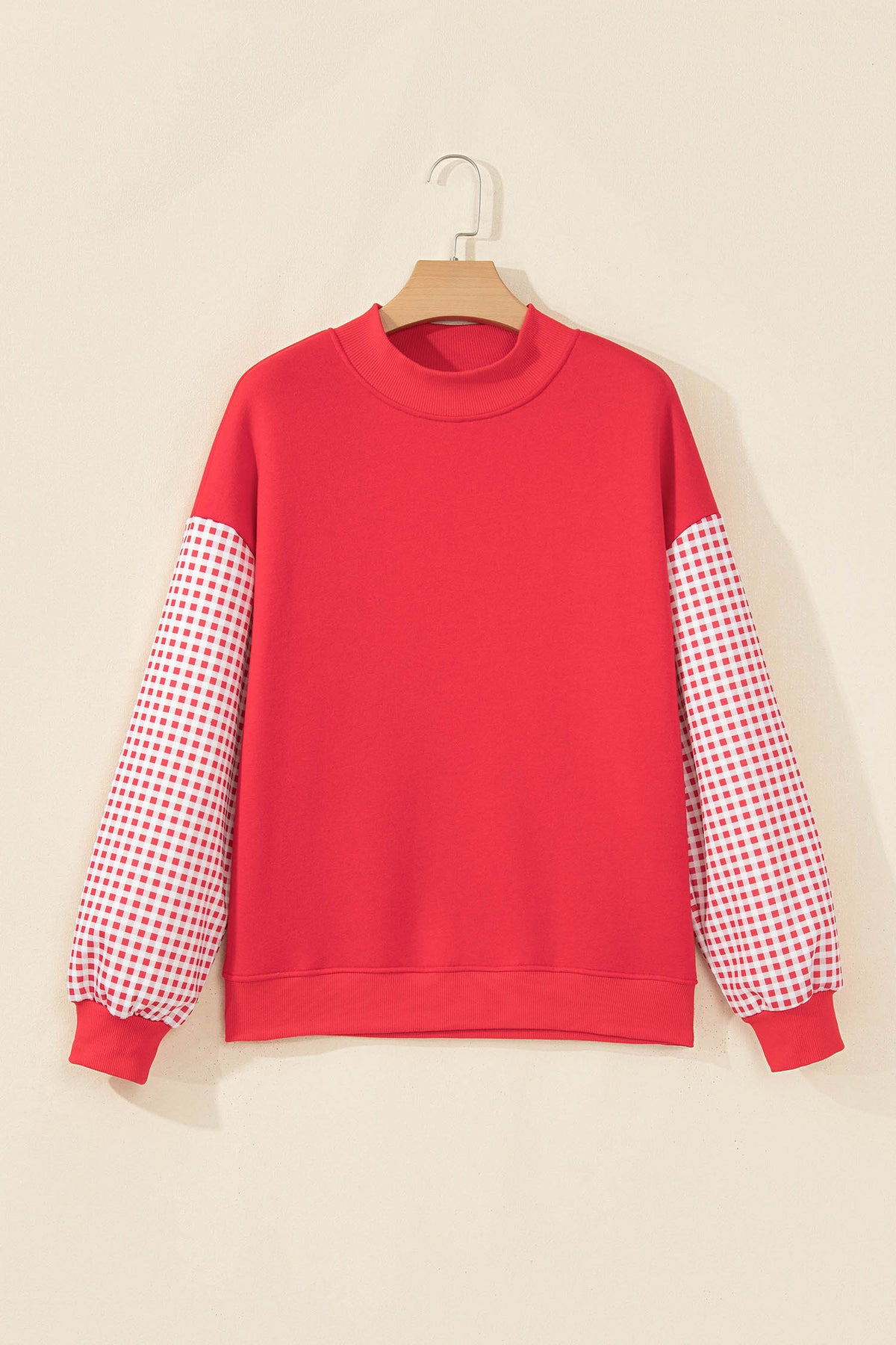 Coffee Plaid Sleeve Colorblock Loose Tunic Sweatshirt