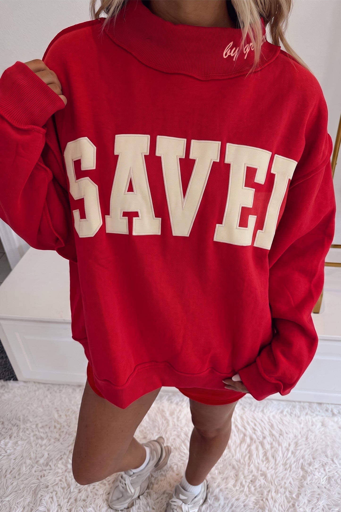 Pink Saved By Grace Embroidered Detail Letter Graphic High Neck Sweatshirt