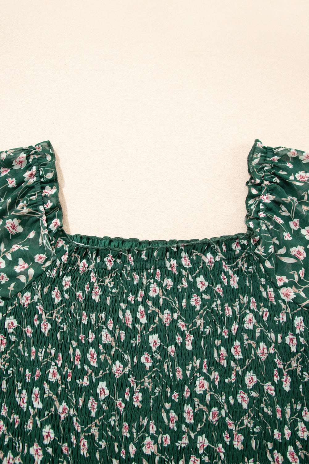 Green Smocked Square Neck Puff Short Sleeve Floral Dress