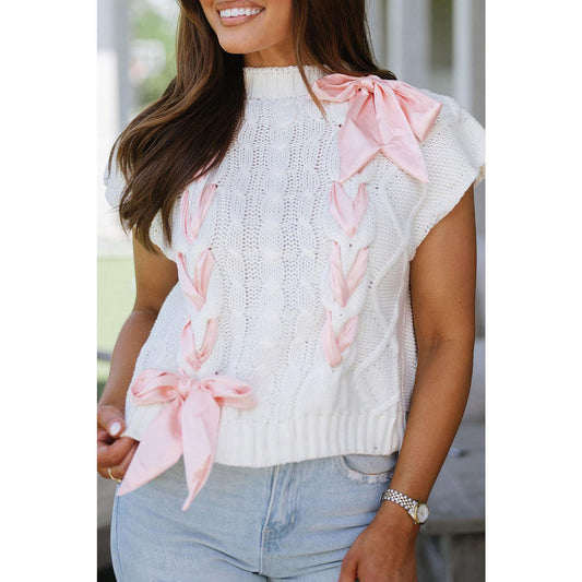 White Cable Knit Colorblock Satin Bowknot Short Sleeve Sweater