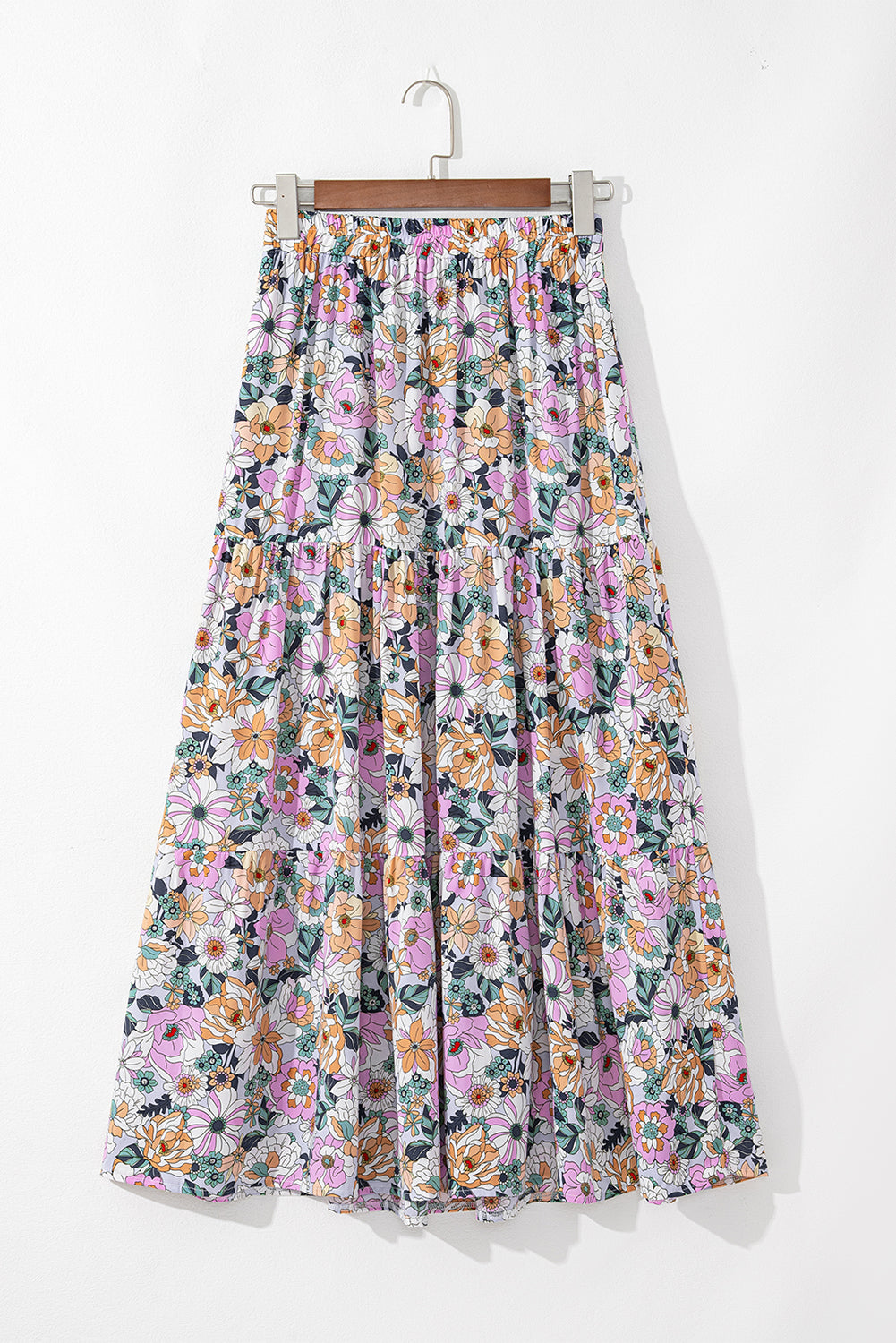 Blue Bohemian Floral Print Tiered Maxi Skirt with Split