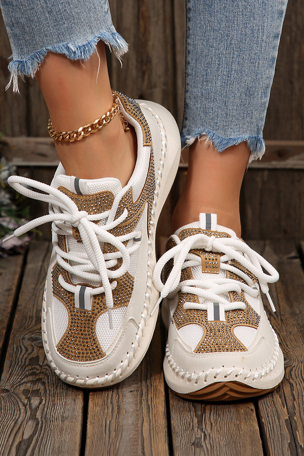 White Rhinestone PU Leather Platform Casual Sneakers