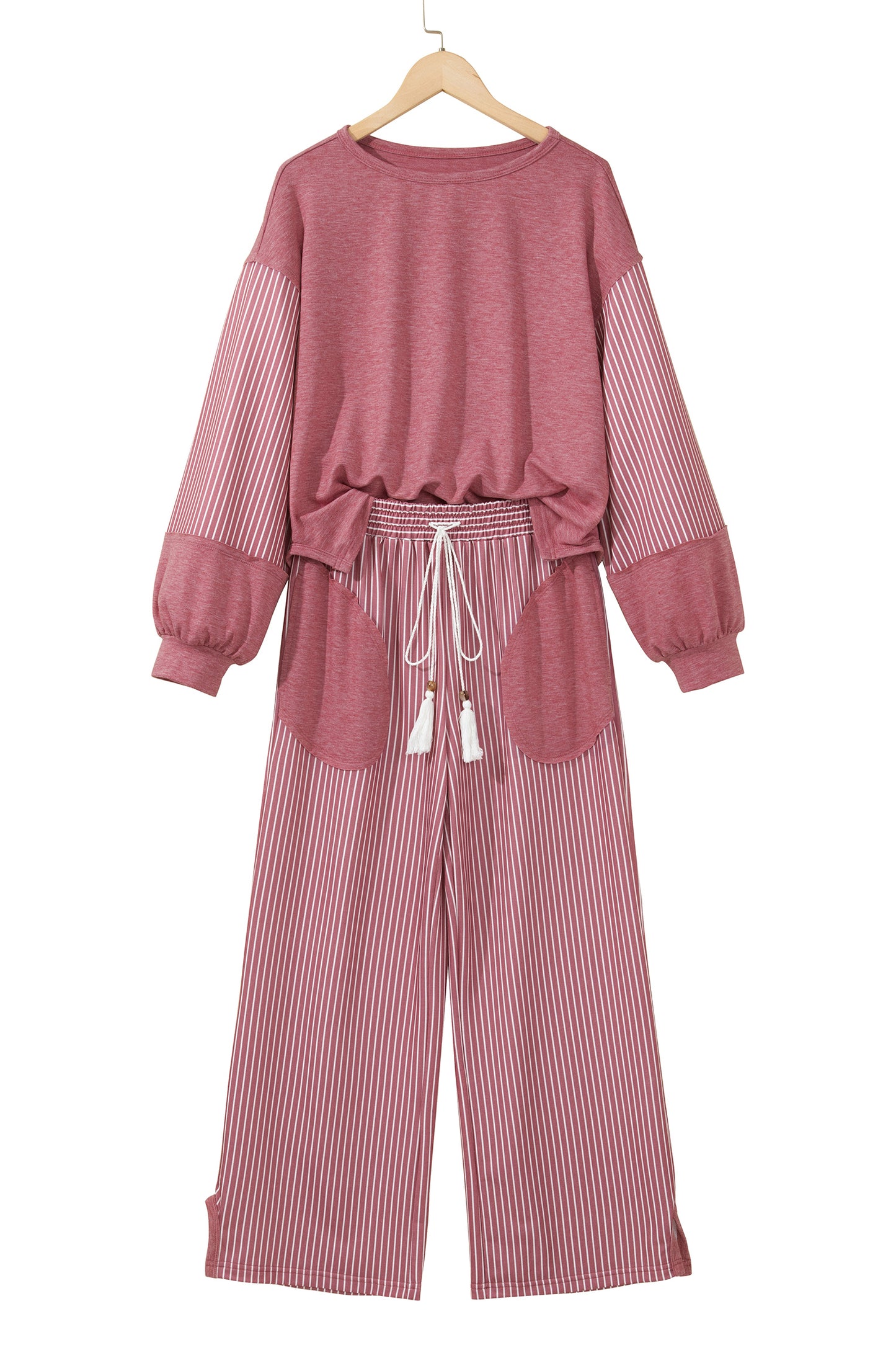 Fushia Raw Seam Patchwork Long Sleeve Top Pocket Casual Pants 2pcs Set