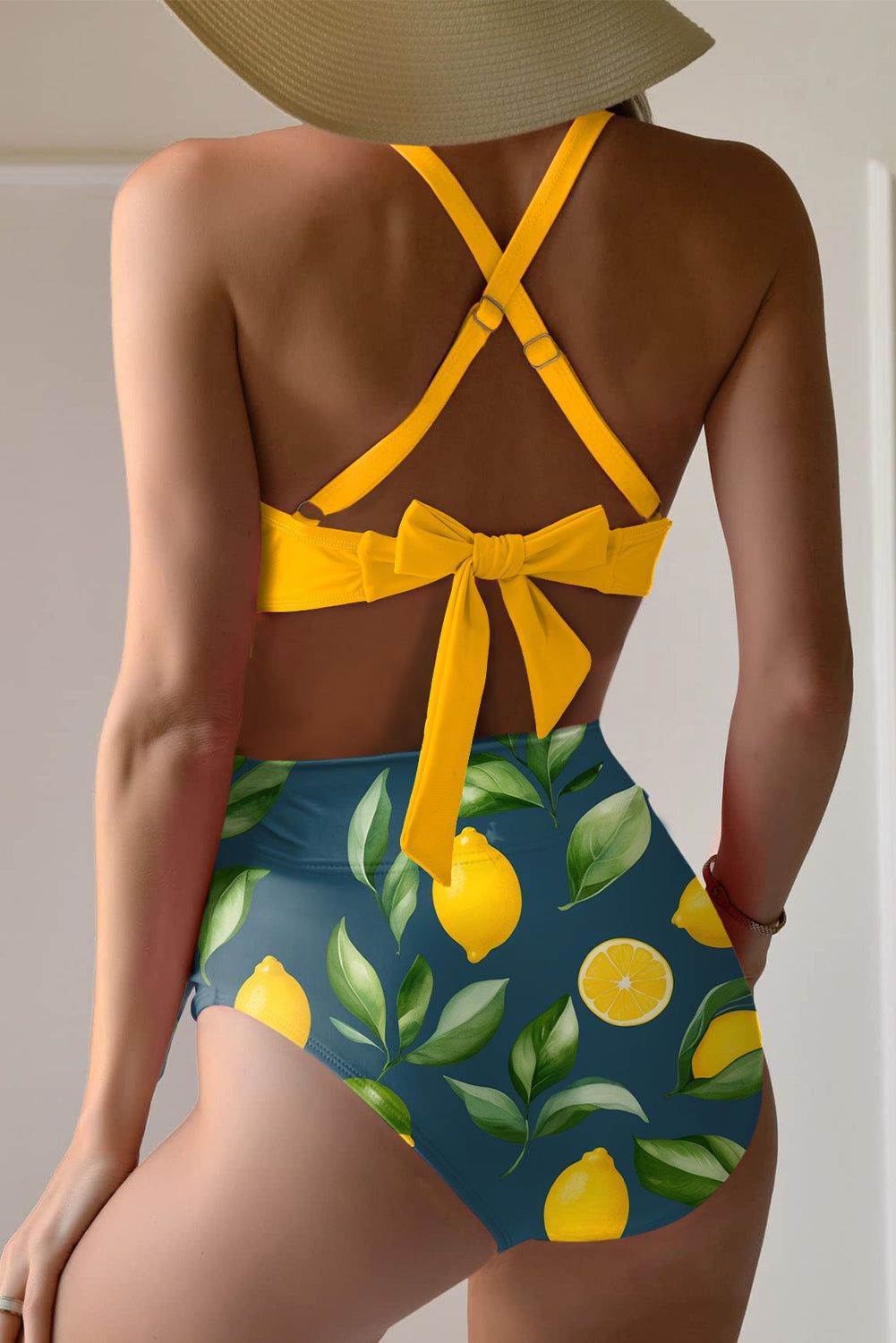 Yellow Crossed Straps Twisted Tropical Print Knot Side High Waist Bottom 2pcs Swimsuit