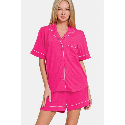 Zenana Button Down Short Sleeve Top and Shorts Lounge Set