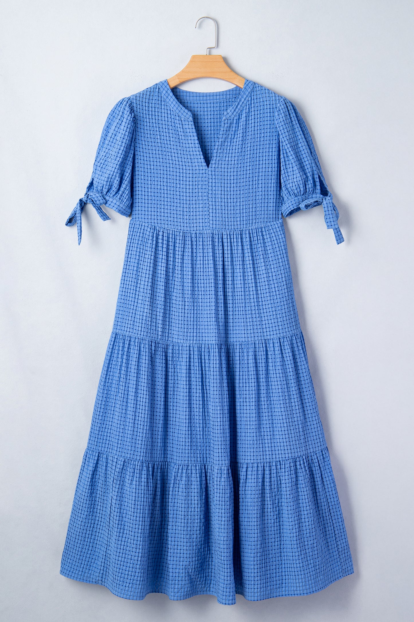 Dusk Blue Gingham Textured Bow Tie Short Sleeve Tiered Midi Dress