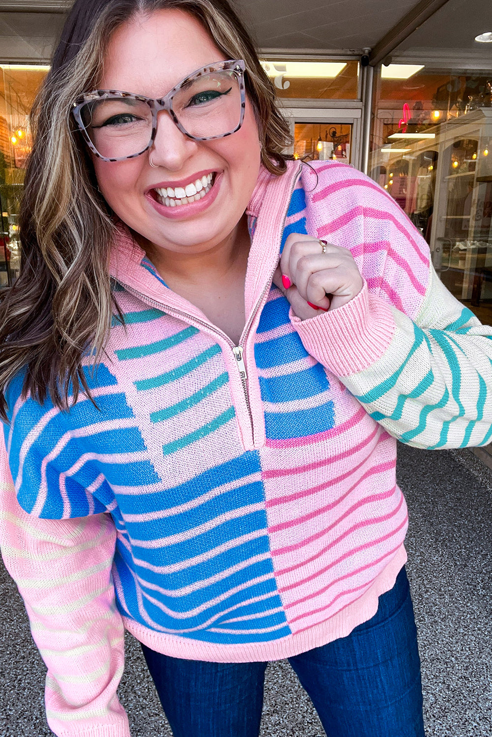 Sky Blue Stripe Colorblock Patchwork Plus Size Zip Collar Sweater