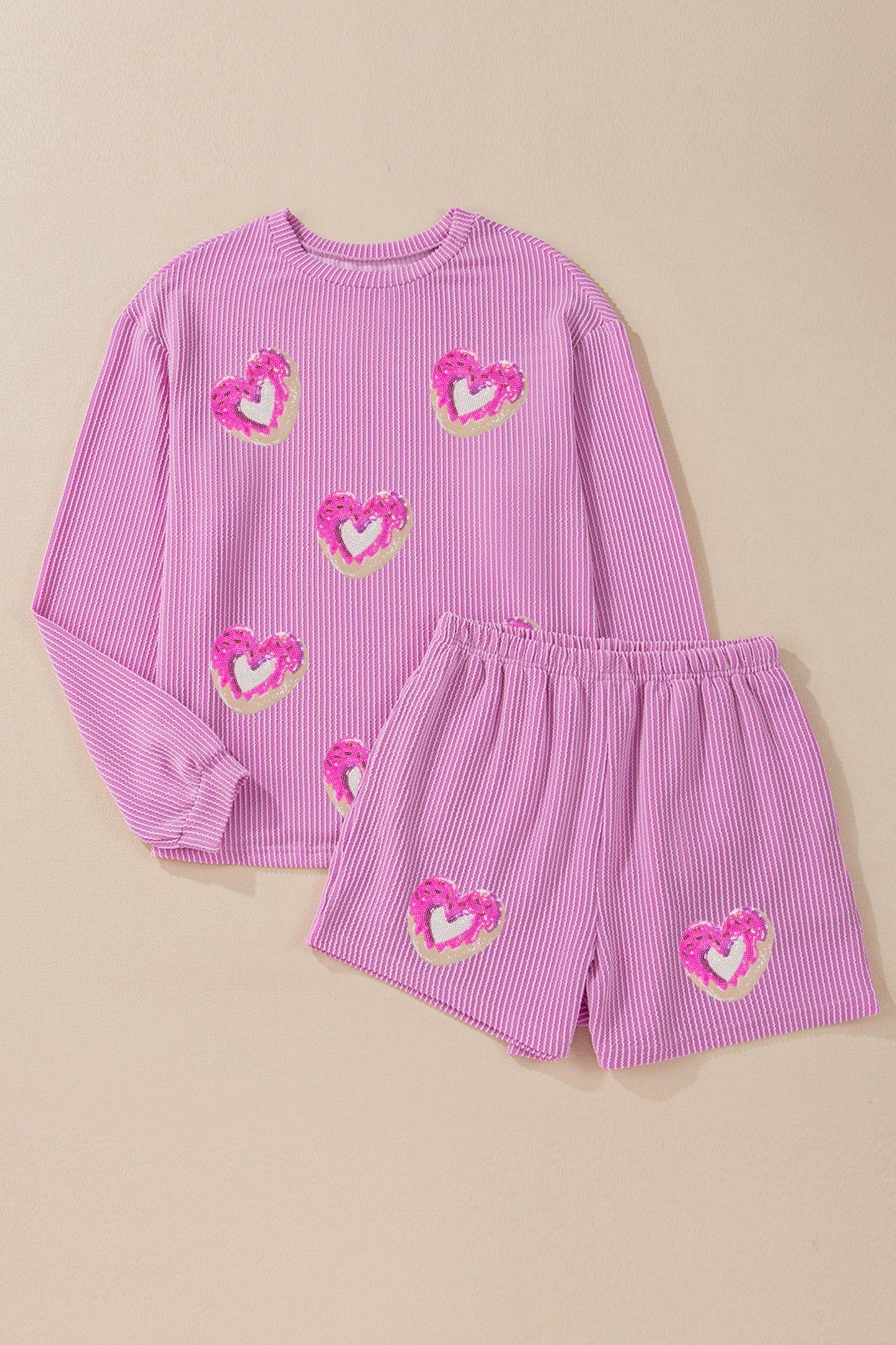 Phalaenopsis Corded Ribbed Sequin Donut Heart Graphic Long Sleeve Pullover and Shorts 2pcs Set