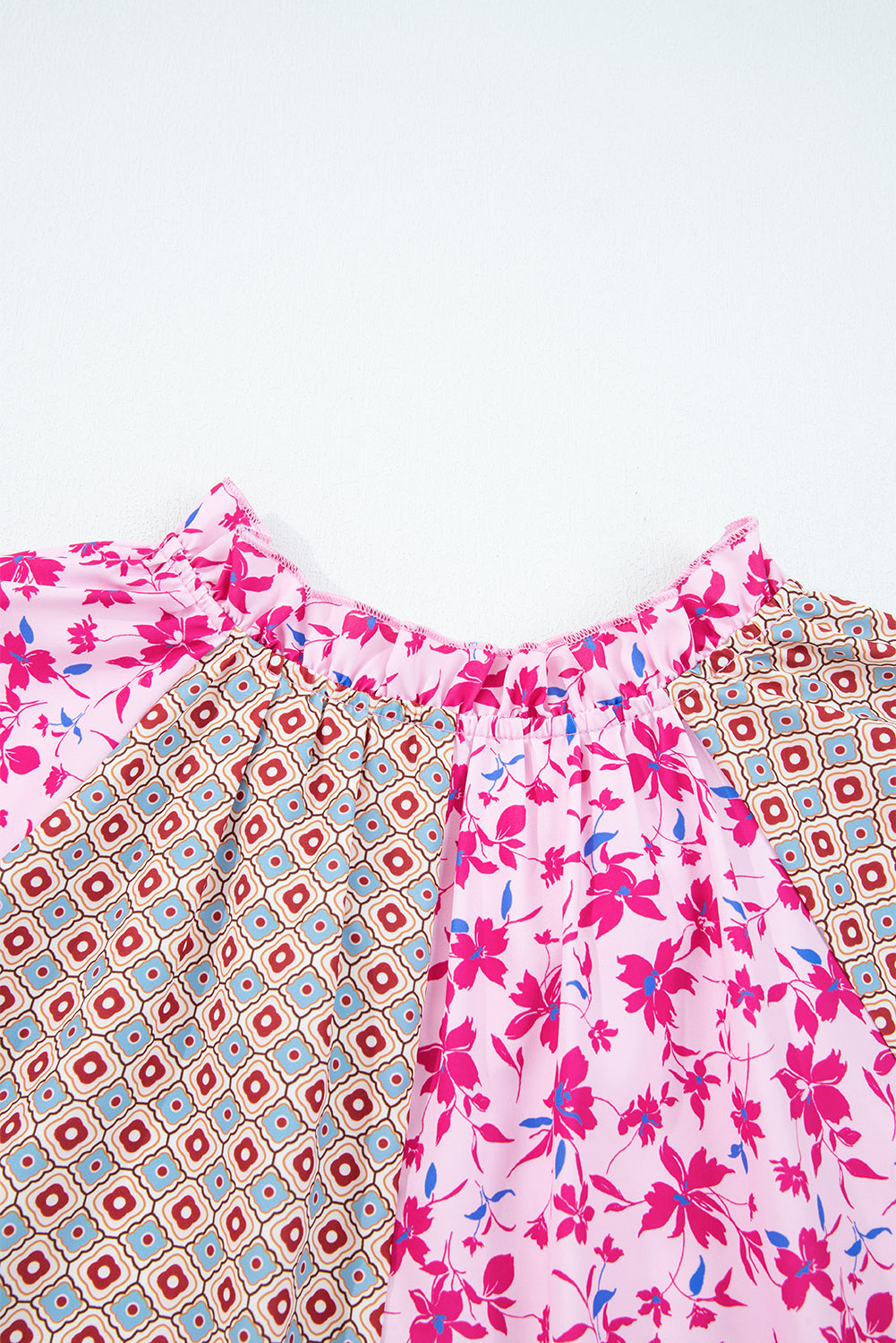 Pink Boho Mixed Floral Drop Shoulder Bubble Sleeve Blouse