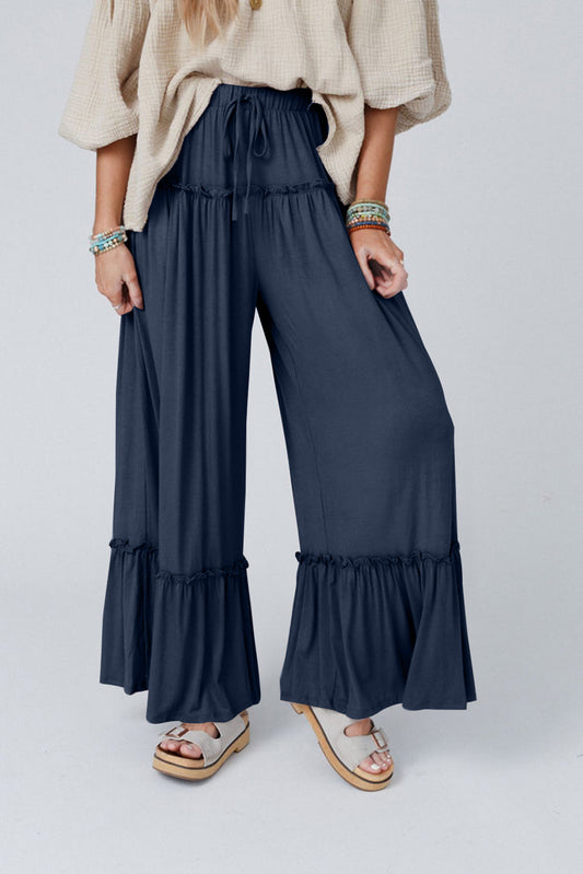 Navy Blue Frilled Drawstring High Waist Wide Leg Pants