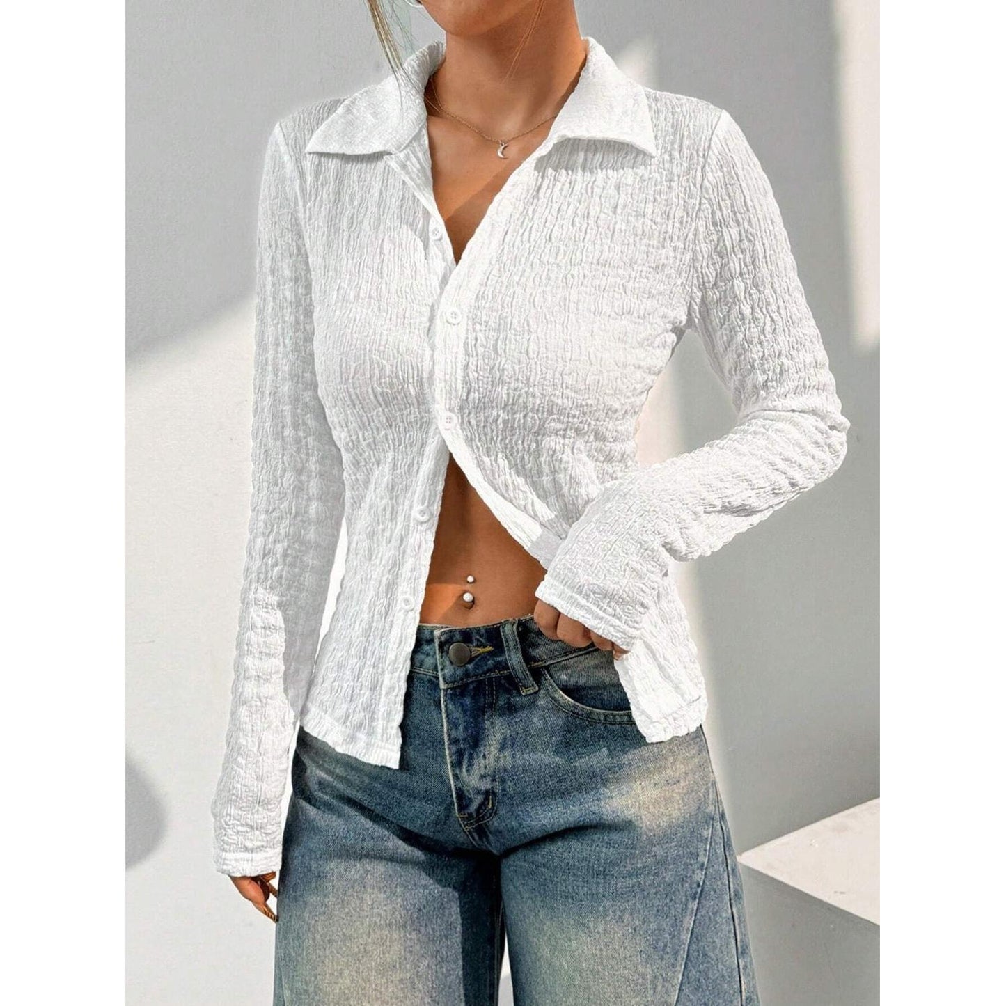 Wrinkled Collared Neck Long Sleeve Shirt