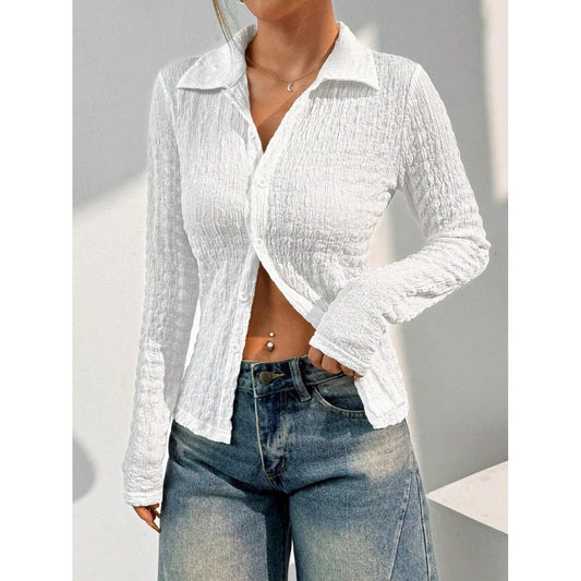 Wrinkled Collared Neck Long Sleeve Shirt