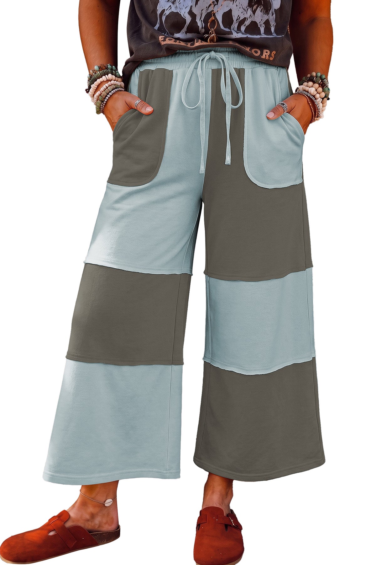 Russet Orange Raw Seam Colorblock Wide Leg Ankle Length Casual Pants