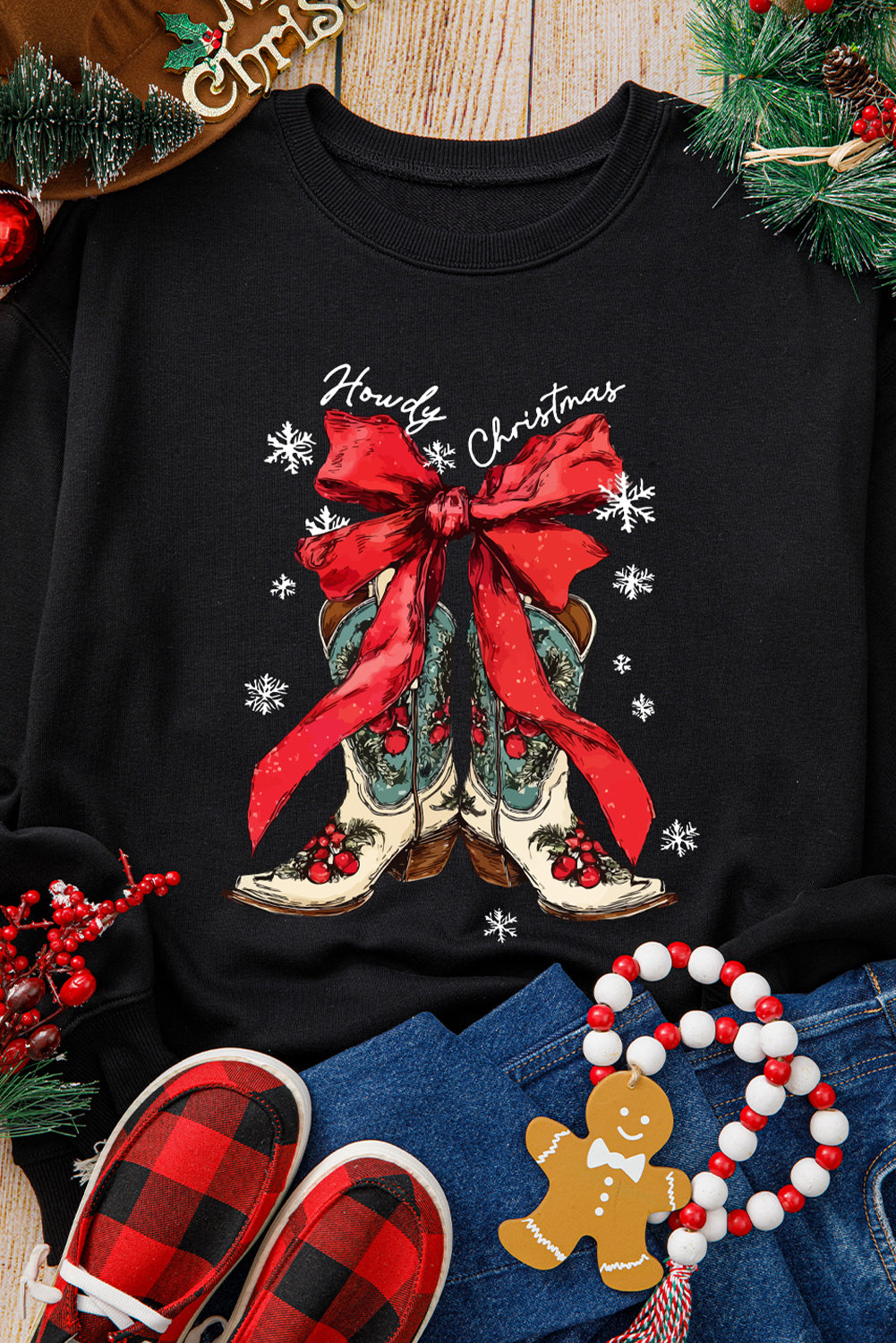 Black Howdy Christmas Ribbon Bow Knot Western Boots Graphic Sweatshirt